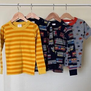 Hanna Andersson 5T Kids Yellow Striped and Train Print Long Sleeve Tees. Set 4